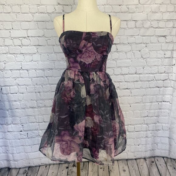 LAST CHANCE Lulus XS Midnight Beauty Black Purple Floral Bustier Mini Dress - Picture 2 of 11